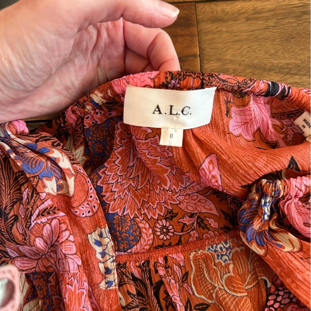 A.L.C. Elise 100% Silk Long Sleeve Mini Dress Pink Red Floral size 0 retail $550 - Picture 6 of 6